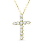 Latin Cross 11-Stone Round Cut Cubic Zirconia Crystal 29x21mm (1.1x0.8in) Christian Pendant in .925 Sterling Silver w/ 14k Yellow Gold - GN-CP033-DiaCZ-SLY