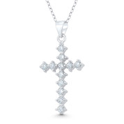 Latin Cross 12-Stone Round Cut Cubic Zirconia Crystal 37x18mm (1.5x0.7in) Christian Pendant in .925 Sterling Silver w/ Rhodium - GN-CP034-DiaCZ-SLW