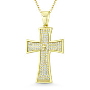 Pattée / Formée Cross Cubic Zirconia Crystal Pave 39x20mm (1.5x0.8in) Christian Pendant in .925 Sterling Silver w/ 14k Yellow Gold - GN-CP035-DiaCZ-SLY