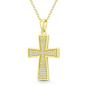 Pattée / Formée Cross Cubic Zirconia Crystal Pave 32x18mm (1.3x0.7in) Christian Pendant in .925 Sterling Silver w/ 14k Yellow Gold - GN-CP038-DiaCZ-SLY