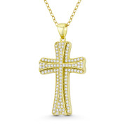 Knights Templar Medieval Cross Cubic Zirconia Crystal 35x18mm (1.4x0.7in) Christian Pendant in .925 Sterling Silver w/ 14k Yellow Gold - GN-CP042-DiaCZ-SLY