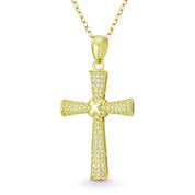 Pattée / Formée Cross Cubic Zirconia Crystal Pave & "X" Rope 37x19mm (1.5x0.75in) Pendant in .925 Sterling Silver w/ 14k Yellow Gold - GN-CP049-DiaCZ-SLY
