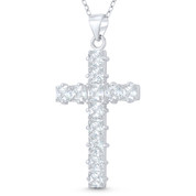 Latin Cross 11-Stone Princess Cut Cubic Zirconia Crystal 42x21mm (1.7x0.8in) Christian Pendant in .925 Sterling Silver w/ Rhodium - GN-CP050-DiaCZ-SLW