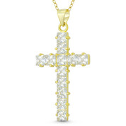 Latin Cross 11-Stone Princess Cut Cubic Zirconia Crystal 42x21mm (1.7x0.8in) Christian Pendant in .925 Sterling Silver w/ 14k Yellow Gold - GN-CP050-DiaCZ-SLY