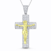 Jesus Christ on Cross Cubic Zirconia Crystal Pave 45x23mm (1.8x0.9in) Pendant in .925 Sterling Silver w/ 14k Yellow Gold - GN-CP051-DiaCZ-SLWY