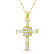 Rosicrucian Rose Cross Cubic Zirconia Crystal Pave 36x22mm (1.4x0.9in) Christian Pendant in .925 Sterling Silver w/ 14k Yellow Gold - GN-CP052-DiaCZ-SLY