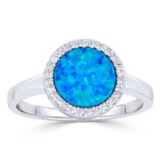 Synthetic Opal & CZ Crystal Halo Right-Hand Ring in .925 Sterling Silver w/ Rhodium - GN-FR008-OpBlue2CZ-SLW