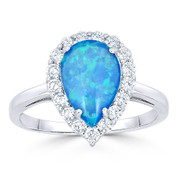 Pear-Shape Synthetic Opal & Round CZ Crystal Right-Hand Halo Ring in .925 Sterling Silver w/ Rhodium - GN-FR009-OpBlue2CZ-SLW