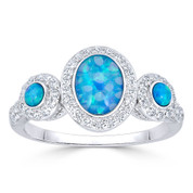 Oval & Round Cabochon Synthetic Opal & Round CZ Crystal Right-Hand Ring in .925 Sterling Silver w/ Rhodium - GN-FR010-OpBlue2CZ-SLW