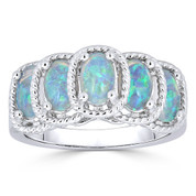 Oval Cabochon Synthetic Opal 5-Stone Right-Hand Cathedral Ring in .925 Sterling Silver w/ Rhodium - GN-FR012-OpWhiteCZ-SLW
