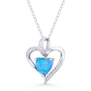 Azure-Blue Lab Opal & CZ Crystal Heart Pendant w/ Chain Necklace in .925 Sterling Silver - GN-HP018-OpBlue1CZ-SLW