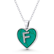 CZ Crystal Initial Letter "F" on Faux Turquoise Heart Charm 20x15mm Pendant in .925 Sterling Silver - GN-IP004-TqDiaCZ-F-SLW
