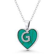CZ Crystal Initial Letter "G" on Faux Turquoise Heart Charm 20x15mm Pendant in .925 Sterling Silver - GN-IP004-TqDiaCZ-G-SLW