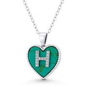 CZ Crystal Initial Letter "H" on Faux Turquoise Heart Charm 20x15mm Pendant in .925 Sterling Silver - GN-IP004-TqDiaCZ-H-SLW