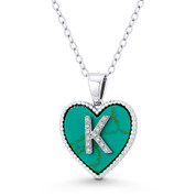 CZ Crystal Initial Letter "K" on Faux Turquoise Heart Charm 20x15mm Pendant in .925 Sterling Silver - GN-IP004-TqDiaCZ-K-SLW