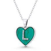 CZ Crystal Initial Letter "L" on Faux Turquoise Heart Charm 20x15mm Pendant in .925 Sterling Silver - GN-IP004-TqDiaCZ-L-SLW