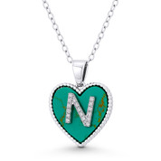 CZ Crystal Initial Letter "N" on Faux Turquoise Heart Charm 20x15mm Pendant in .925 Sterling Silver - GN-IP004-TqDiaCZ-N-SLW