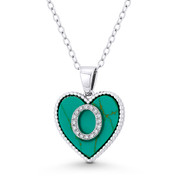 CZ Crystal Initial Letter "O" on Faux Turquoise Heart Charm 20x15mm Pendant in .925 Sterling Silver - GN-IP004-TqDiaCZ-O-SLW