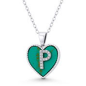 CZ Crystal Initial Letter "P" on Faux Turquoise Heart Charm 20x15mm Pendant in .925 Sterling Silver - GN-IP004-TqDiaCZ-P-SLW