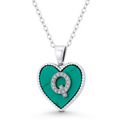 CZ Crystal Initial Letter "Q" on Faux Turquoise Heart Charm 20x15mm Pendant in .925 Sterling Silver - GN-IP004-TqDiaCZ-Q-SLW