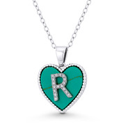 CZ Crystal Initial Letter "R" on Faux Turquoise Heart Charm 20x15mm Pendant in .925 Sterling Silver - GN-IP004-TqDiaCZ-R-SLW
