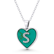 CZ Crystal Initial Letter "S" on Faux Turquoise Heart Charm 20x15mm Pendant in .925 Sterling Silver - GN-IP004-TqDiaCZ-S-SLW