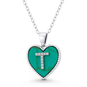 CZ Crystal Initial Letter "T" on Faux Turquoise Heart Charm 20x15mm Pendant in .925 Sterling Silver - GN-IP004-TqDiaCZ-T-SLW