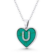 CZ Crystal Initial Letter "U" on Faux Turquoise Heart Charm 20x15mm Pendant in .925 Sterling Silver - GN-IP004-TqDiaCZ-U-SLW