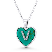 CZ Crystal Initial Letter "V" on Faux Turquoise Heart Charm 20x15mm Pendant in .925 Sterling Silver - GN-IP004-TqDiaCZ-V-SLW