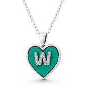 CZ Crystal Initial Letter "W" on Faux Turquoise Heart Charm 20x15mm Pendant in .925 Sterling Silver - GN-IP004-TqDiaCZ-W-SLW