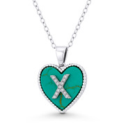 CZ Crystal Initial Letter "X" on Faux Turquoise Heart Charm 20x15mm Pendant in .925 Sterling Silver - GN-IP004-TqDiaCZ-X-SLW