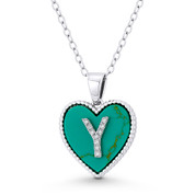 CZ Crystal Initial Letter "Y" Faux Turquoise Heart Charm in .925 Sterling Silver - GN-IP004-TqDiaCZ-Y-SLW