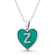 CZ Crystal Initial Letter "Z" on Faux Turquoise Heart Charm 20x15mm Pendant in .925 Sterling Silver - GN-IP004-TqDiaCZ-Z-SLW