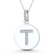 Initial Letter "T" CZ Crystal 28x18mm (1.1"x0.7") Circle Pendant in .925 Sterling Silver w/ Rhodium - GN-IP006-T-DiaCZ-SLW