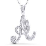 Initial Letter "A" Cursive Script Cubic Zirconia Crystal Pendant in .925 Sterling Silver w/ Rhodium - GN-IP007-A-DiaCZ-SLW