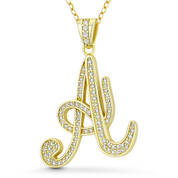 Initial Letter "A" Cursive Script Cubic Zirconia Crystal Pendant in .925 Sterling Silver w/ 14k Yellow Gold - GN-IP007-A-DiaCZ-SLY