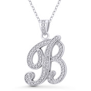 Initial Letter "B" Cursive Script Cubic Zirconia Crystal Pendant in .925 Sterling Silver w/ Rhodium - GN-IP007-B-DiaCZ-SLW