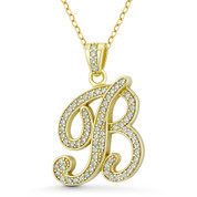 Initial Letter "B" Cursive Script Cubic Zirconia Crystal Pendant in .925 Sterling Silver w/ 14k Yellow Gold - GN-IP007-B-DiaCZ-SLY