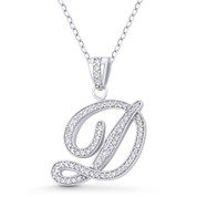 Initial Letter "D" Cursive Script Cubic Zirconia Crystal Pendant in .925 Sterling Silver w/ Rhodium - GN-IP007-D-DiaCZ-SLW