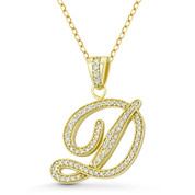 Initial Letter "D" Cursive Script Cubic Zirconia Crystal Pendant in .925 Sterling Silver w/ 14k Yellow Gold - GN-IP007-D-DiaCZ-SLY