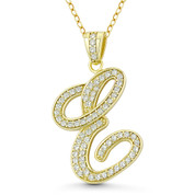 Initial Letter "E" Cursive Script Cubic Zirconia Crystal Pendant in .925 Sterling Silver w/ 14k Yellow Gold - GN-IP007-E-DiaCZ-SLY