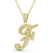 Initial Letter "F" Cursive Script Cubic Zirconia Crystal Pendant in .925 Sterling Silver w/ 14k Yellow Gold - GN-IP007-F-DiaCZ-SLY