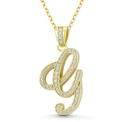 Initial Letter "G" Cursive Script Cubic Zirconia Crystal Pendant in .925 Sterling Silver w/ 14k Yellow Gold - GN-IP007-G-DiaCZ-SLY