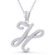 Initial Letter "H" Cursive Script Cubic Zirconia Crystal Pendant in .925 Sterling Silver w/ Rhodium - GN-IP007-H-DiaCZ-SLW