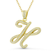 Initial Letter "H" Cursive Script Cubic Zirconia Crystal Pendant in .925 Sterling Silver w/ 14k Yellow Gold - GN-IP007-H-DiaCZ-SLY