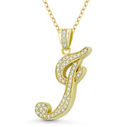 Initial Letter "J" Cursive Script Cubic Zirconia Crystal Pendant in .925 Sterling Silver w/ 14k Yellow Gold - GN-IP007-J-DiaCZ-SLY