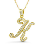 Initial Letter "K" Cursive Script Cubic Zirconia Crystal Pendant in .925 Sterling Silver w/ 14k Yellow Gold - GN-IP007-K-DiaCZ-SLY