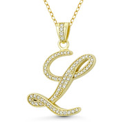 Initial Letter "L" Cursive Script Cubic Zirconia Crystal Pendant in .925 Sterling Silver w/ 14k Yellow Gold - GN-IP007-L-DiaCZ-SLY