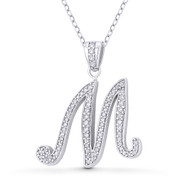 Initial Letter "M" Cursive Script Cubic Zirconia Crystal Pendant in .925 Sterling Silver w/ Rhodium - GN-IP007-M-DiaCZ-SLW