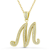 Initial Letter "M" Cursive Script Cubic Zirconia Crystal Pendant in .925 Sterling Silver w/ 14k Yellow Gold - GN-IP007-M-DiaCZ-SLY